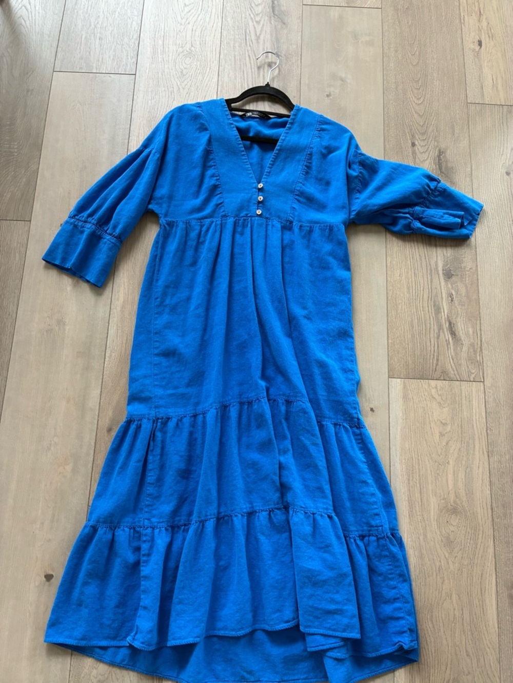 Zara Bright Blue Linen Tiered V-Neck Midi Dress